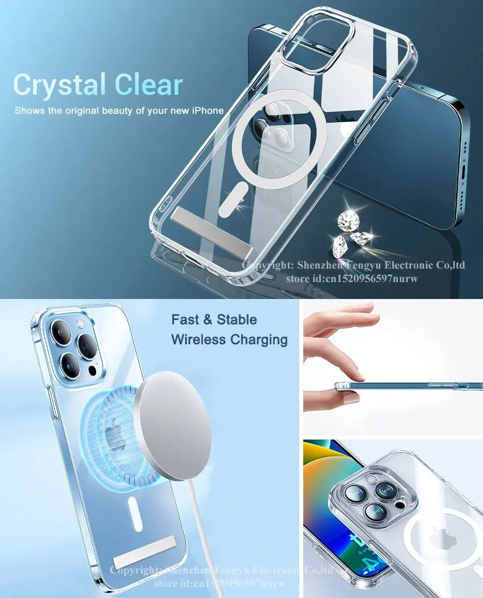 Clear phone case with wireless charging capability on a blue gradient background
