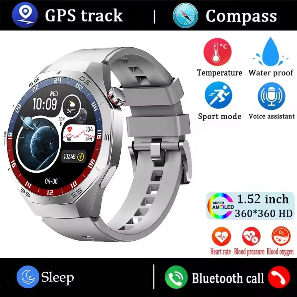 Smartwatch with various features highlighted on a white background