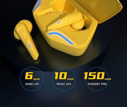 Yellow wireless earbuds with charging case displayed on a dark background, showing battery life information

