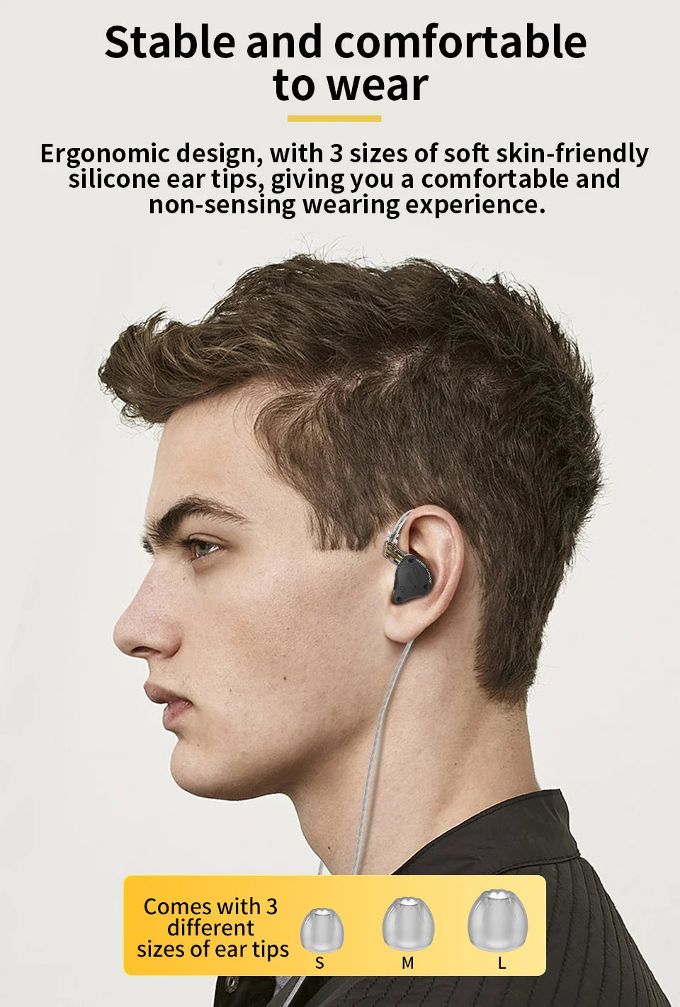 Person wearing earbuds with text about ergonomic design and soft silicone ear tips.