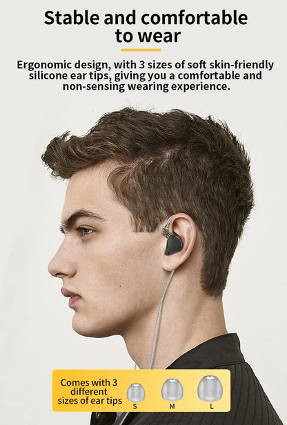 Person wearing earbuds with text about ergonomic design and soft silicone ear tips.