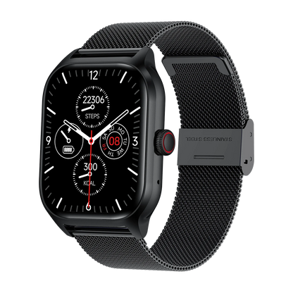 Black smartwatch with mesh band on a white background