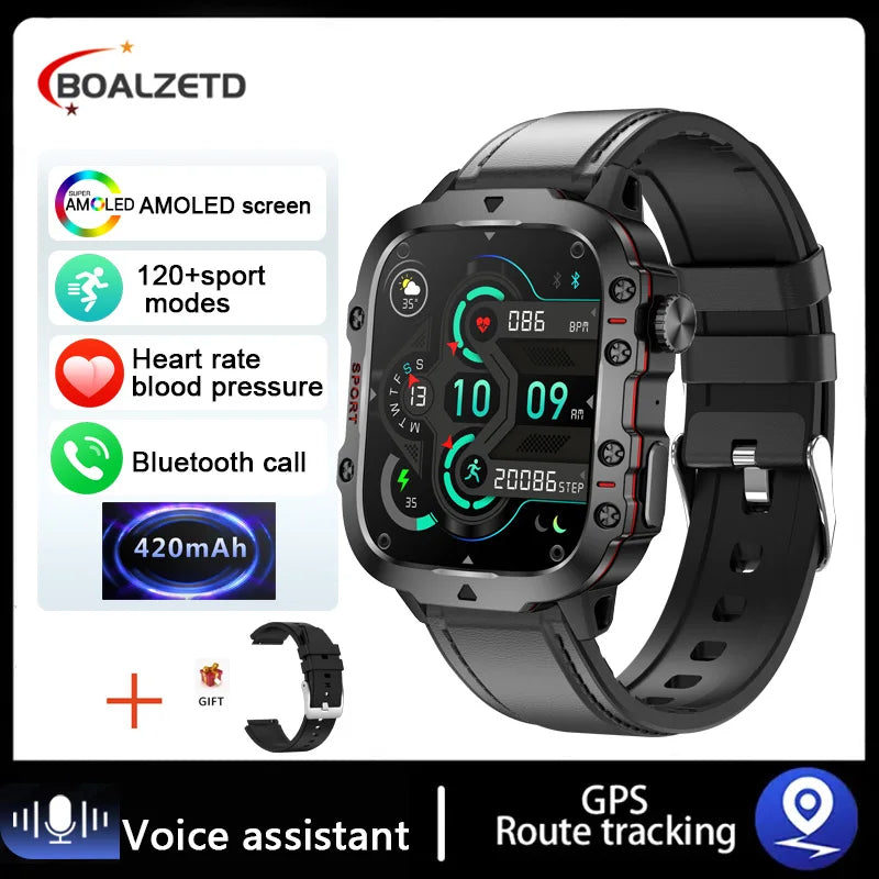 Black smartwatch with features listed on a white background