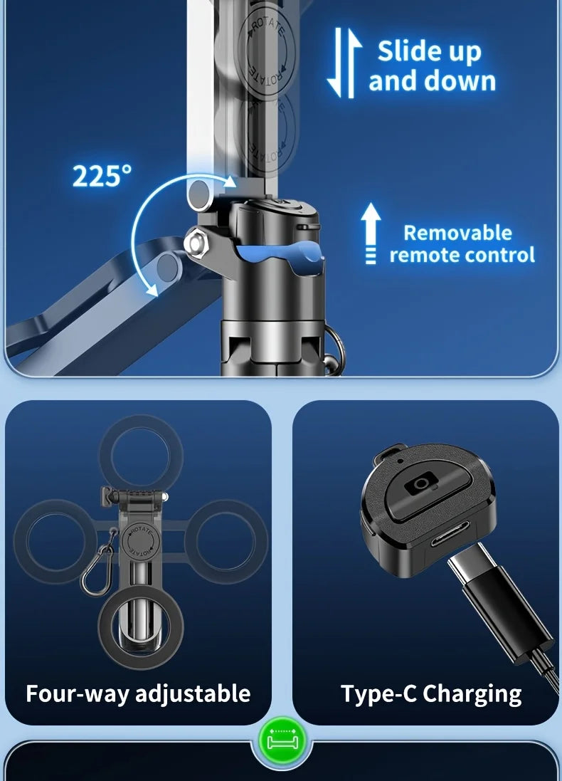 Product features including slide-up and down, removable remote control, four-way adjustable, and Type-C charging on a blue background.