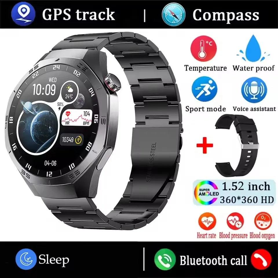 Smartwatch with features like GPS track, compass, temperature, waterproof, sport mode, voice assistant, sleep tracking, and Bluetooth call on a white background.