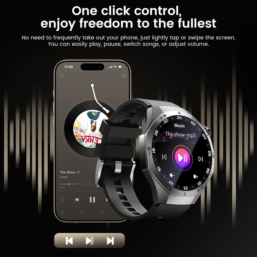 Smartwatch and smartphone displaying music app interface with text about one-click control.