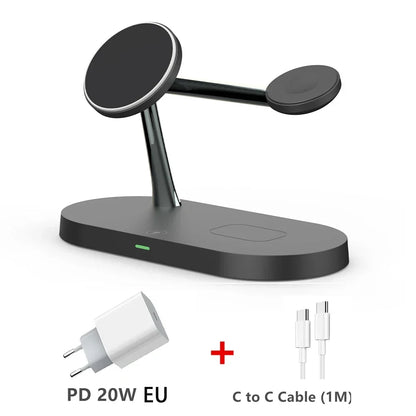Black charging stand with PD 20W EU adapter and C to C cable on a white background
