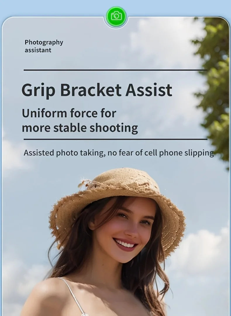 Woman wearing a straw hat with text about a grip bracket assist for photography