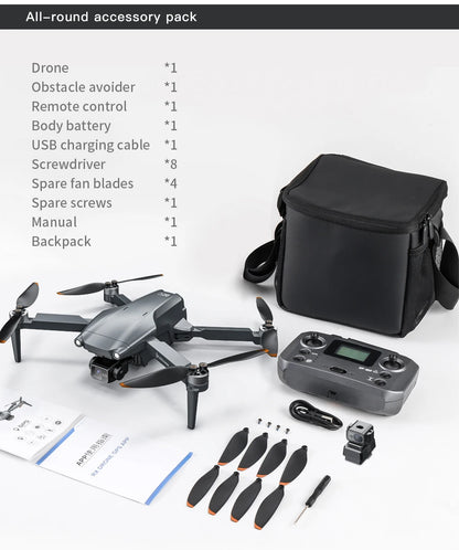 Drone accessory pack with drone, remote control, battery, and tools on a white background