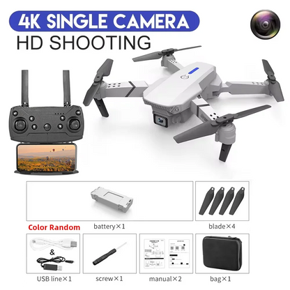 Drone with 4K single camera and HD shooting capabilities, including remote control and accessories on a white background.
