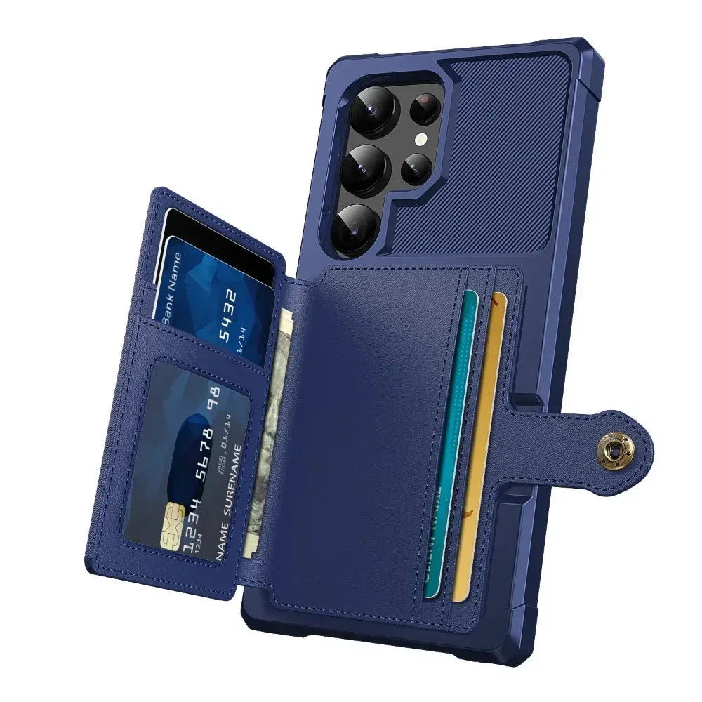 Blue phone case with card slots and wallet compartments on a white background