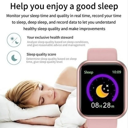 Smartwatch displaying sleep monitoring features with a woman sleeping in the background