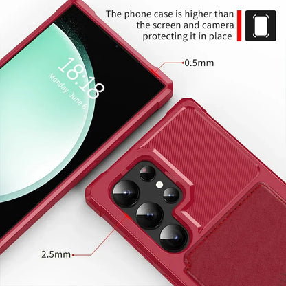 Red phone case with text indicating its thickness and protective features