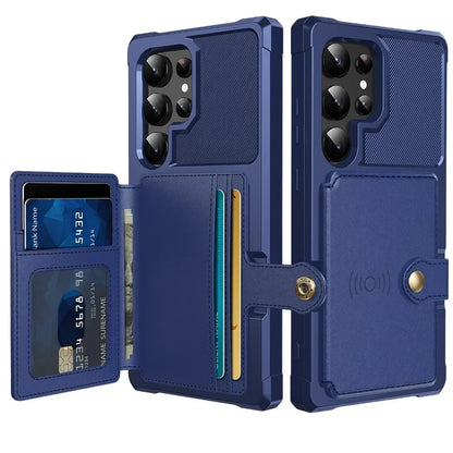 Blue phone case with card slots and wallet functions on a white background