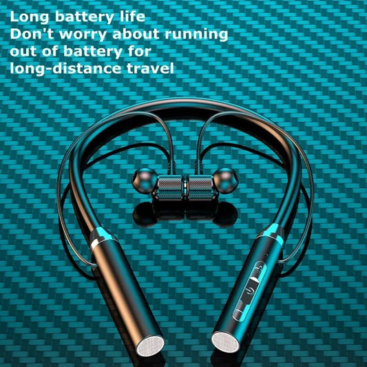 Wireless earbuds with long battery life feature on a blue carbon fiber background