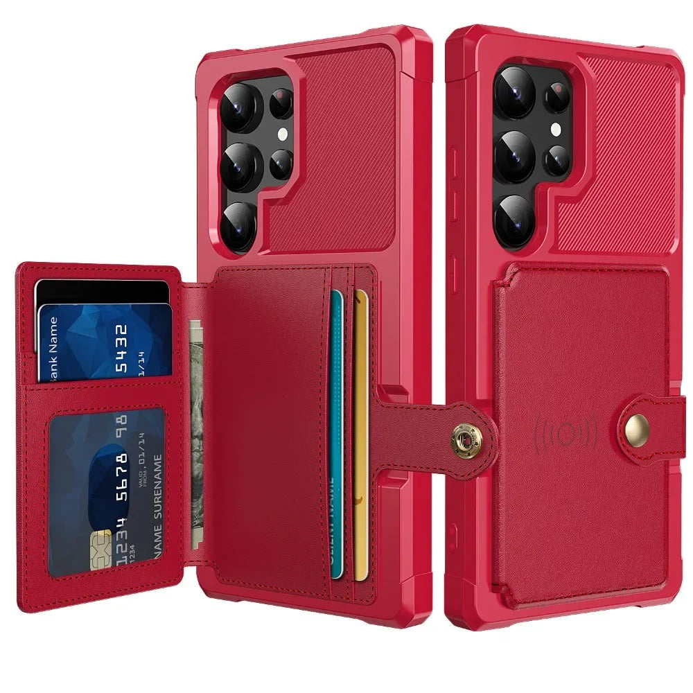 Red phone case with card slots and back view on a white background