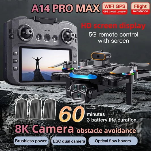 Drone and remote control with features highlighted on a dark background