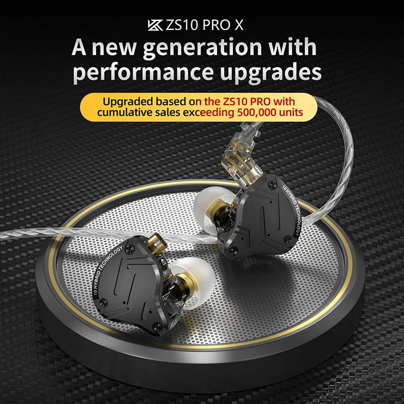 In-ear monitor headphones with text about performance upgrades on a dark background