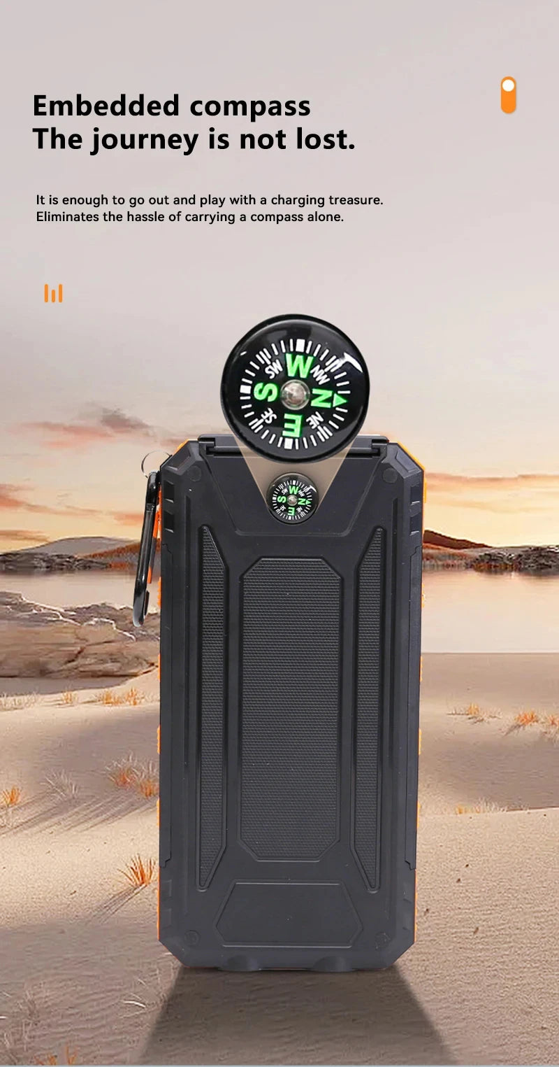 Black power bank with embedded compass on a desert background