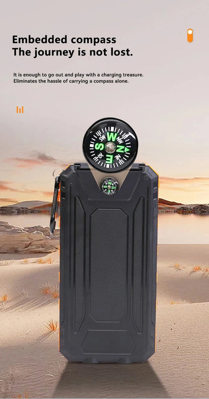 Black power bank with embedded compass on a desert background