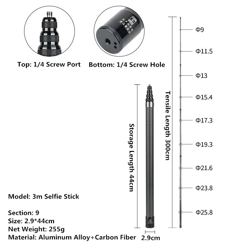 Measurement chart of a 3m selfie stick with details on screw ports, length, and material.