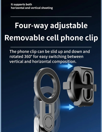 Four-way adjustable removable cell phone clip with text on a dark blue background
