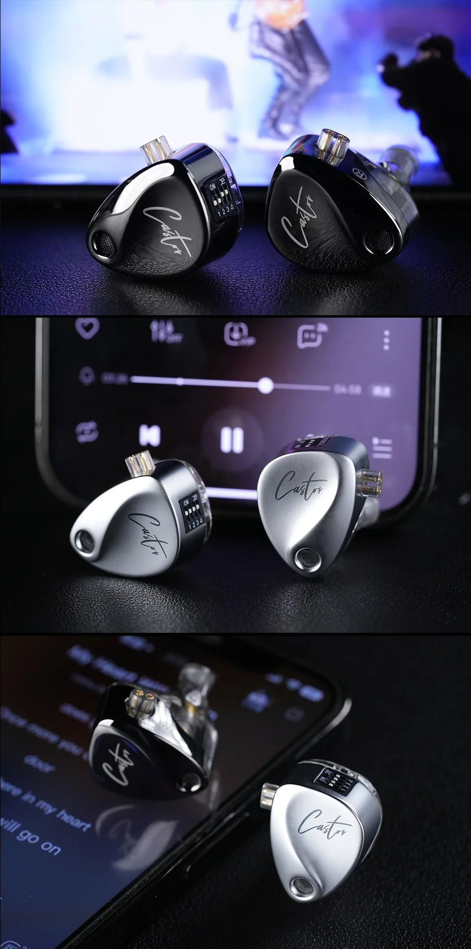 Pair of high-end earbuds with a smartphone displaying audio control app on a dark background.