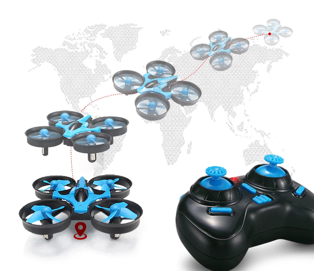 Multiple drones and a remote control with a world map in the background