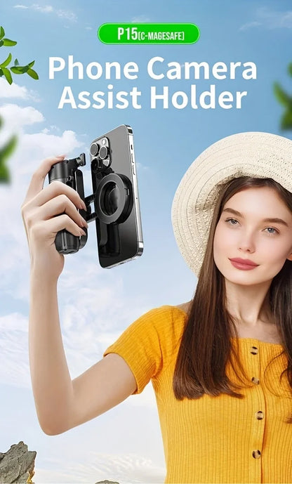 Person using a phone camera assist holder with a scenic background