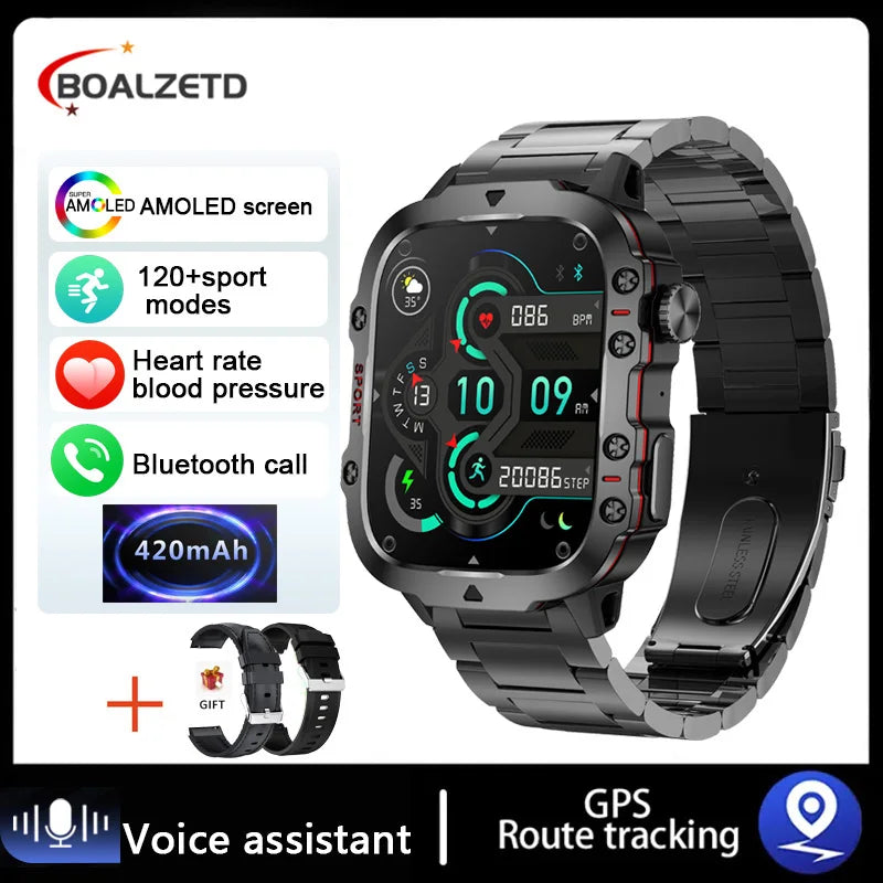 Smartwatch with metal band and feature highlights on a white background