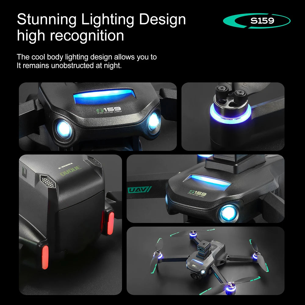 Stunning lighting design of a drone with close-up shots on a black background.
