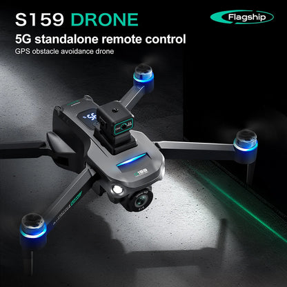 S159 drone with 5G standalone remote control and GPS obstacle avoidance on a dark background.