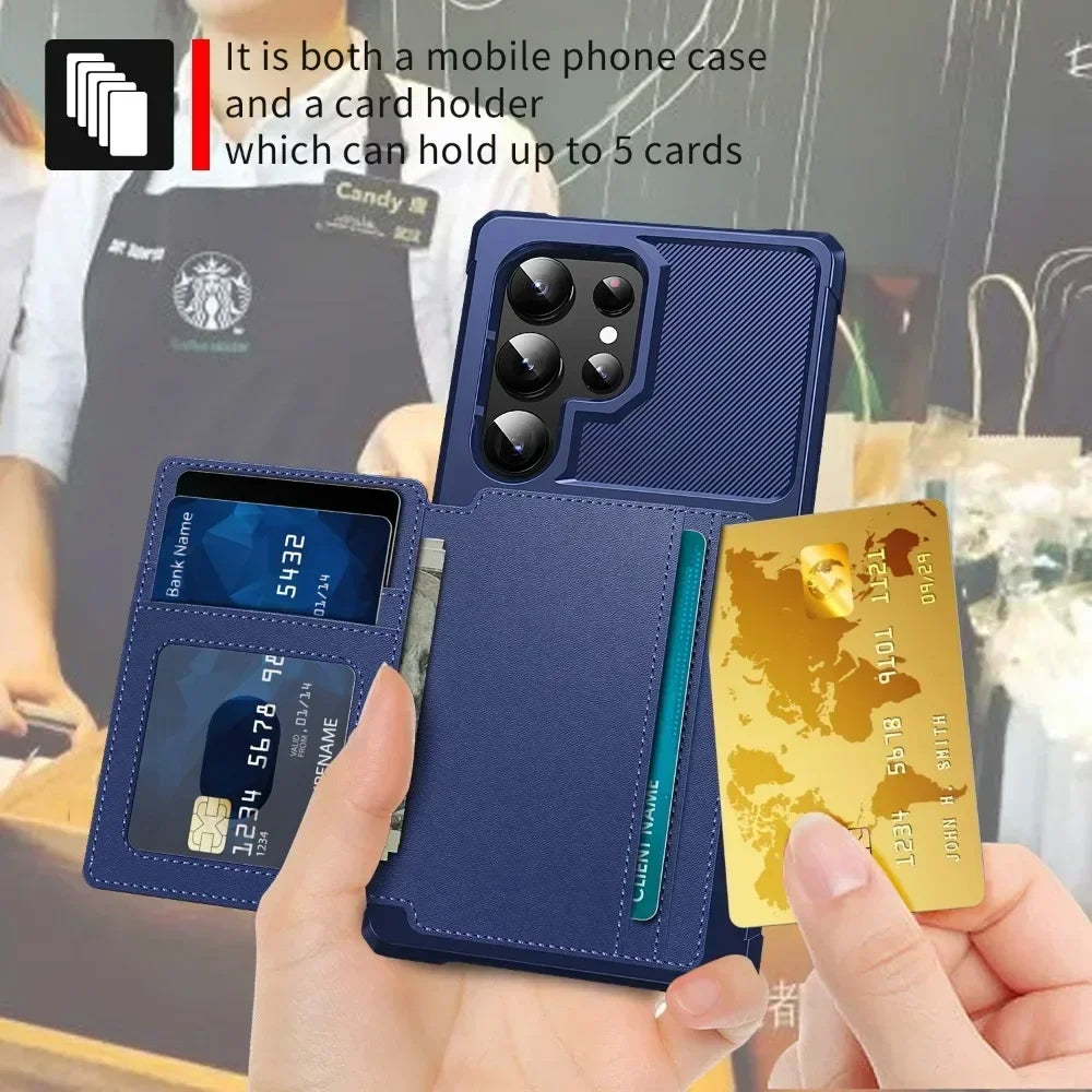 Blue phone case with card holder feature held by a person