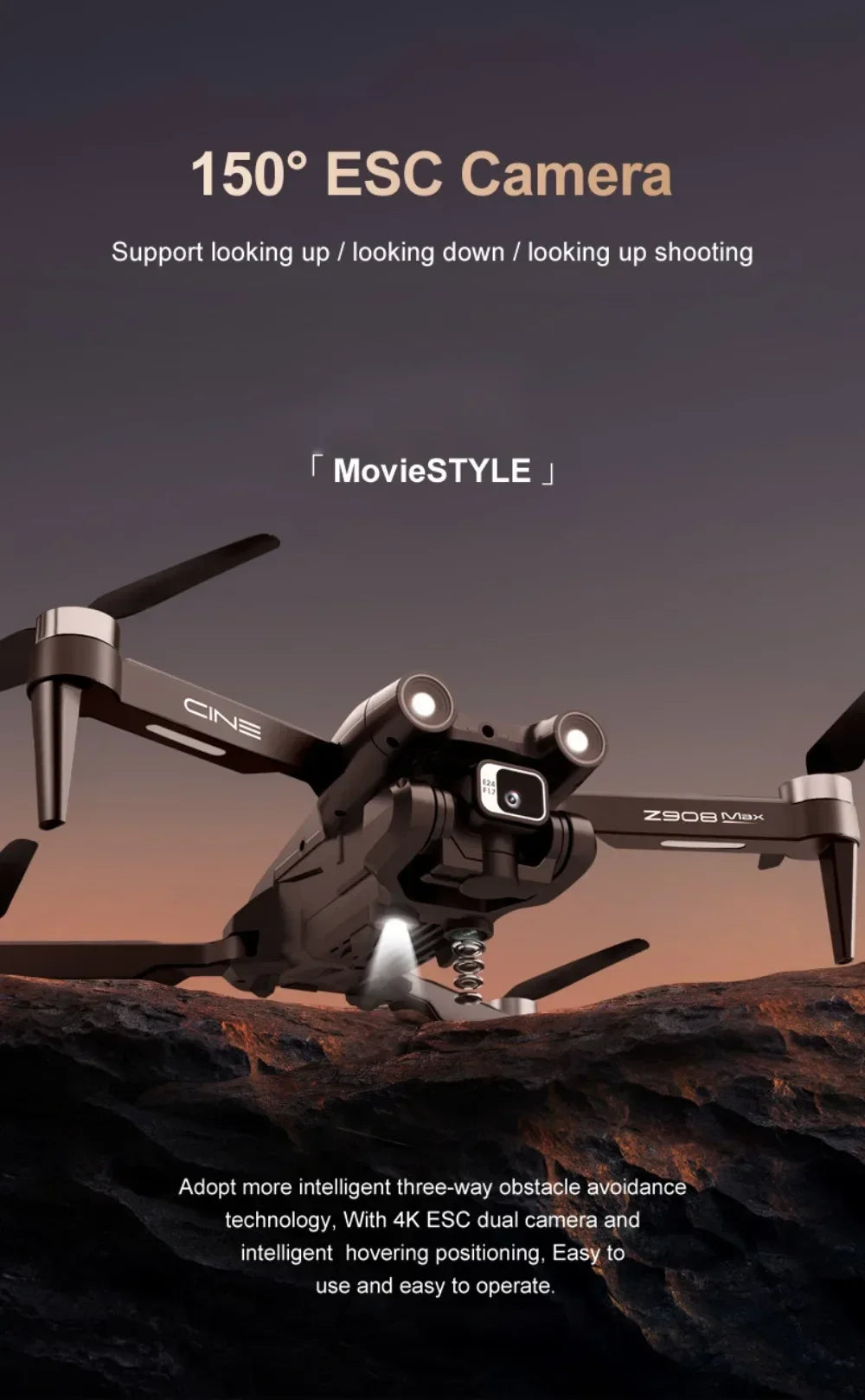 Black drone with camera on a desert landscape background