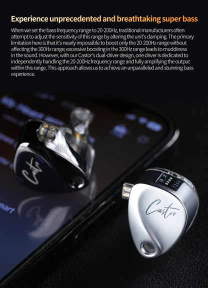 Castro audio device with text about bass frequency range on a dark background
