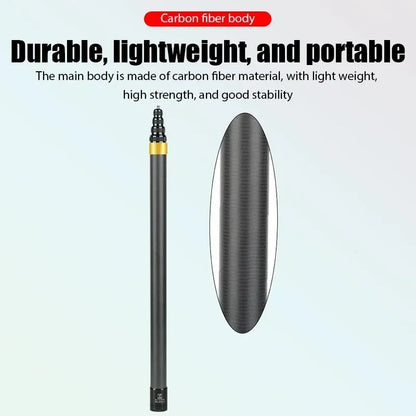 Carbon fiber body product with text highlighting durability, light weight, and portability on a light gray background.