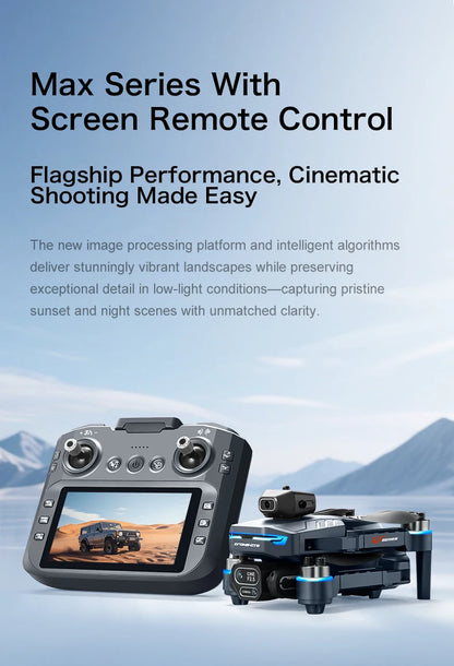 Remote control device with screen and drone on a mountainous landscape background