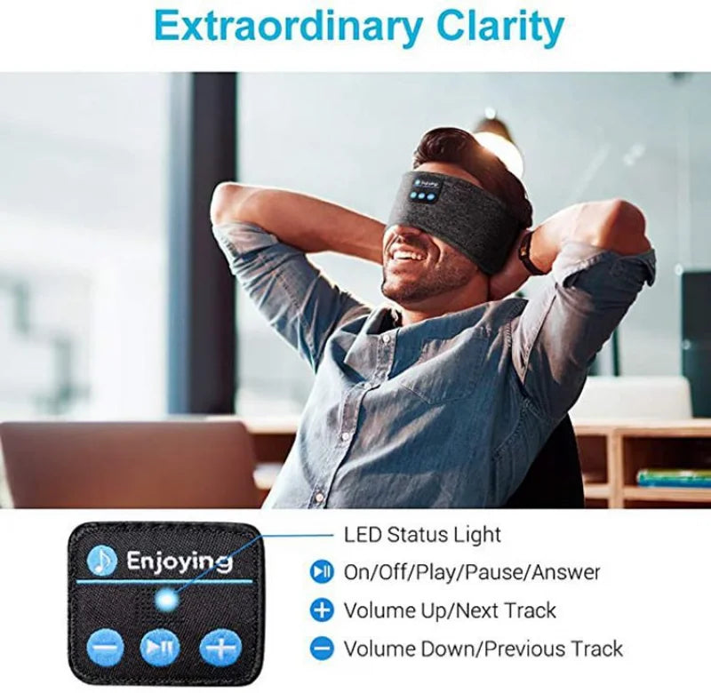 Man wearing a Bluetooth sleep mask with control panel and LED status light, text 'Extraordinary Clarity' above.