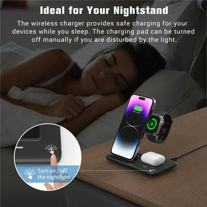 Wireless charging pad with phone, watch, and mouse on a nightstand with text about safe charging for sleep.
