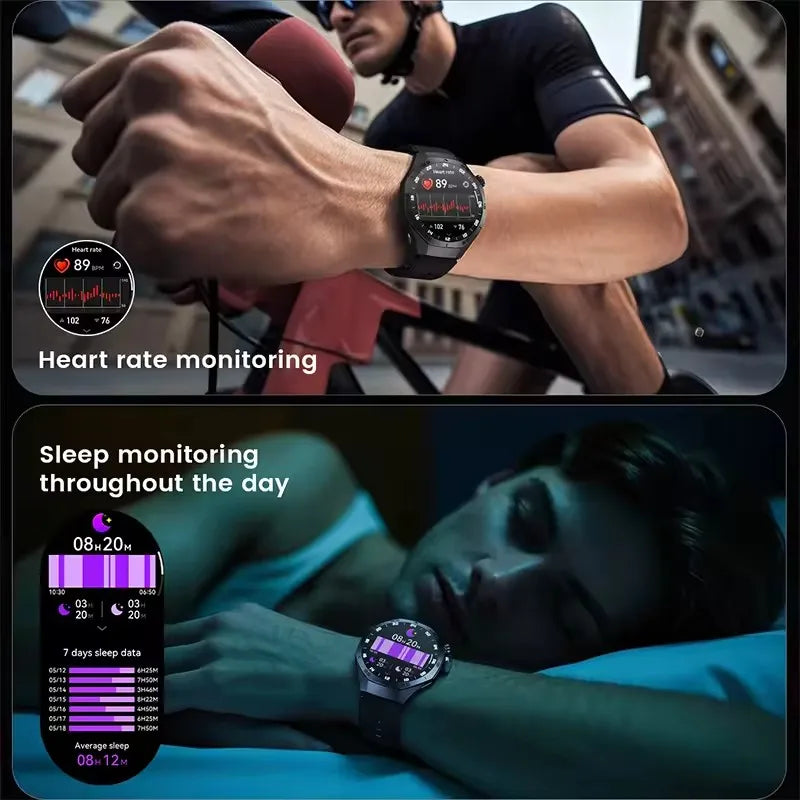 Smartwatch displaying heart rate and sleep monitoring on a person exercising and sleeping.