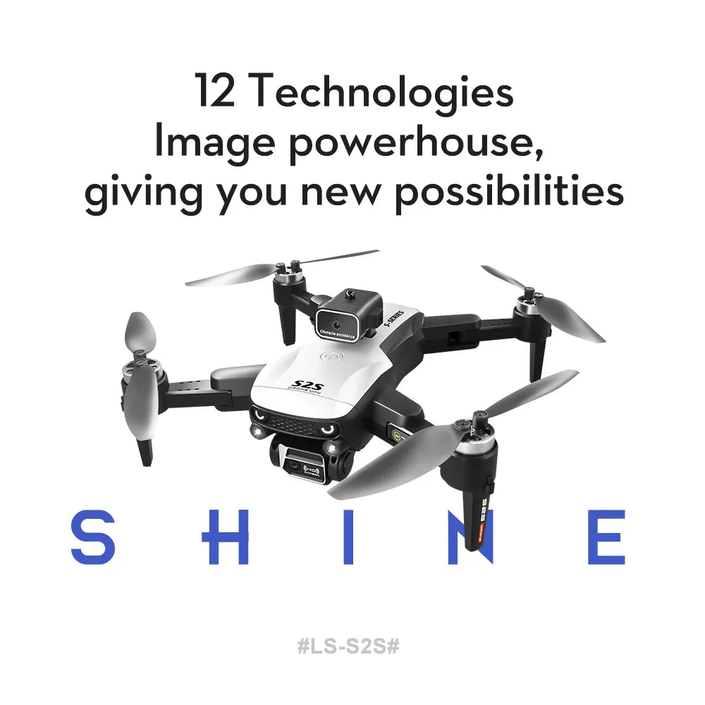 Drone with text highlighting '12 Technologies Image powerhouse, giving you new possibilities' and brand name 'SHINE'.