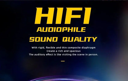 Advertisement for HiFi audiophile sound quality with yellow text on a dark background
