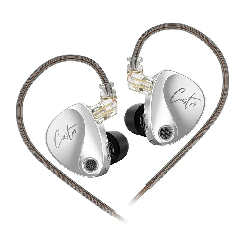 Pair of silver earbuds with 'Caster' branding on a white background