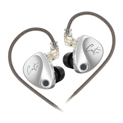 Pair of silver earbuds with 'Caster' branding on a white background