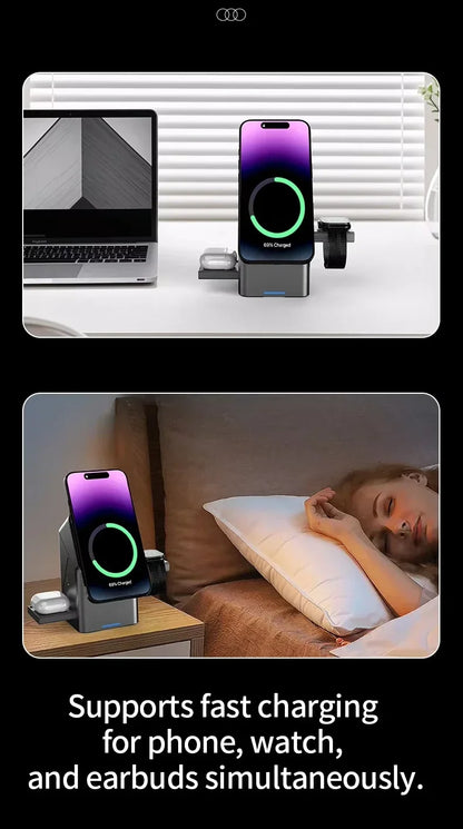Multi-device charging station with smartphone, laptop, and earbuds on a white surface.