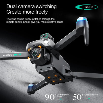 Dual camera switching drone with text on a dark background