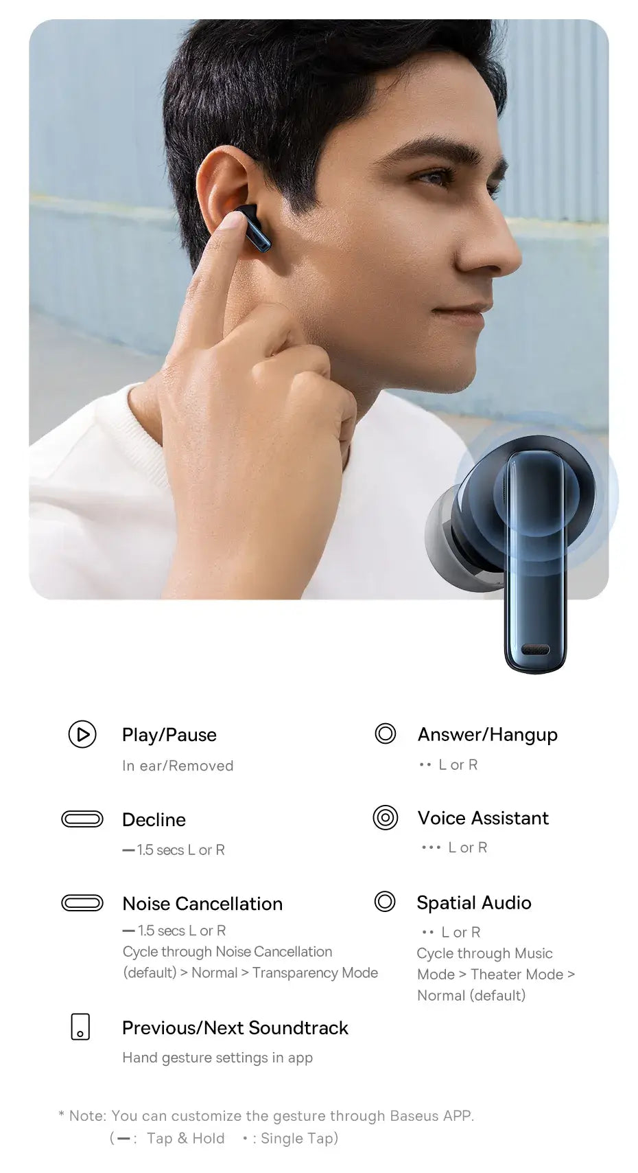 Person wearing wireless earbuds with a control panel interface displayed below
