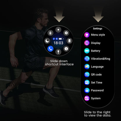 Smartwatch interface with menu options displayed on a dark background