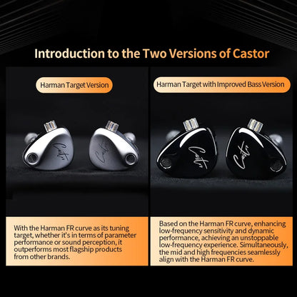 Two versions of Castor earbuds with text explaining their features on a dark background.