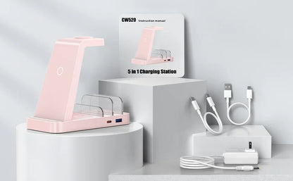 Pink 5-in-1 charging station with cables on a gray background
